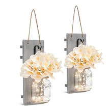 Load image into Gallery viewer, Rustic Wall Sconces - Mason Jars Sconce, Rustic Home Decor,Wrought Iron Hooks, Silk Hydrangea and LED Strip Lights Design 6 Hour Timer Home Decoration (Set of 2)