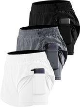 Load image into Gallery viewer, CADMUS 2 in 1 Women's Workout Shorts Gym Running Shorts for Women Sport Pro Shorts Zipper Phone Pockets,3 Pack, Black & Gray & White, Medium