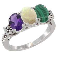 Load image into Gallery viewer, Silver City Jewelry 14K White Gold Natural Amethyst, Opal & Malachite Ring 3-Stone 7x5 mm Oval Diamond Accent, Size 10