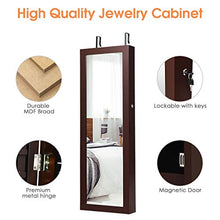Load image into Gallery viewer, Giantex Wall/Door Mounted Jewelry Armoire Organizer with 2 LED Lights, Lockable Height Adjustable Jewelry Cabinet with Full Length Mirror, Large Capacity Dressing Makeup Jewelry Mirror Storage (Brown)