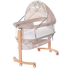 Load image into Gallery viewer, Baby Bassinet Bedside Sleeper with Wheels Storage Basket Canopy 3 Hanging Toys Newborn Cosleeping Cribs for Infant Wooden Crib Adjustable Boy Girl Multi-Functional Bedside Sleeper Toffee