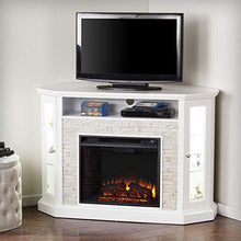 Load image into Gallery viewer, SEI Furniture Redden Faux Stone Convertible Electric Media Storage Corner Fireplace, Fresh White