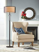 Load image into Gallery viewer, Turnbuckle Modern Industrial Floor Lamp Bronze Metal Screen and Off White Linen Double Drum Shades for Living Room Office - Franklin Iron Works