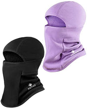 Load image into Gallery viewer, Kids Balaclava Ski Mask 2 Pack, Winter Hat Face Cover Neck Warmer for 3-8 Toddler Children Boys Girls, Windproof Full Face Masks Under Helmet for Cold Weather Skiing, Football, Cycling(Black&Purple)