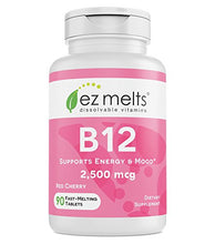 Load image into Gallery viewer, EZ Melts B12 as Methylcobalamin, 2,500 mcg, Sublingual Vitamins, Vegan, Zero Sugar, Natural Cherry Flavor, 90 Fast Dissolve Tablets
