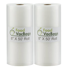 Load image into Gallery viewer, SALE! Two 8"X50' Rolls of FoodVacBags 4 mil Commercial Grade Vacuum Sealer Bags - Make Your Own Size Bag! - for Foodsaver, Seal-A-Meal, plus other machines
