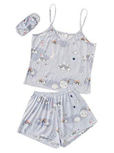 Load image into Gallery viewer, SheIn Women's Cute Cartoon Print Cami Top and Shorts Pajama Set with Eye Mask Grey Graphic X-Large