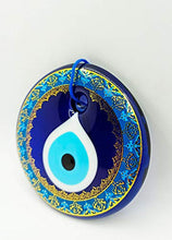 Load image into Gallery viewer, Erbulus Glass Blue Evil Eye Wall Hanging Gold and Turquoise Floral Design Ornament – Turkish Nazar Bead - Home Protection Charm - Wall Art Amulet in a Box