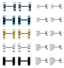 Load image into Gallery viewer, YADOCA 10 Pairs Screw Stud Earrings Flat Back Black Earrings for Men Mix Color Helix Cartilage Barbell Earrings Plugs Tunnel Punk