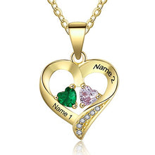 Load image into Gallery viewer, Love Jewelry Personalized 2 Names Necklace with 2 Heart Simulated Birthstone Couple Pendant Necklace for Women (Gold)