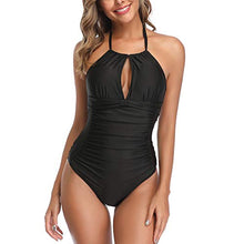 Load image into Gallery viewer, Smismivo Women's Tummy Control Swimwear Plus Size Halter One Piece Retro Swimsuit Sexy Ruched Vintage Slimming Bathing Suit Black