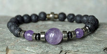 Load image into Gallery viewer, Men Amethyst Bracelet, Pyrite Bracelet, Rock Lava Mens Gemstone Mala Bracelet, groounding spiritual bracelet,