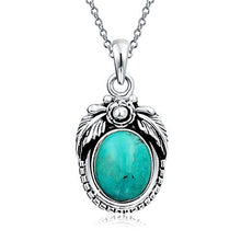 Load image into Gallery viewer, Native American Style Southwestern 10 MM Stabilized Blue Turquoise Oval Leaf Feather Sterling Silver Pendant Necklace For Women