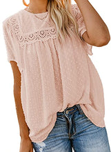 Load image into Gallery viewer, Paitluc Ladies Tops and Blouses Swiss Dot Crewneck Lace Crochet Pom Pom Flowy Short Sleeves Tops Apricot L