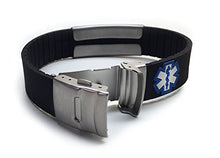 Load image into Gallery viewer, Silicone Sport Medical Alert ID Bracelet - Black (Incl. 6 Lines of Custom Engraving). Choose Your Color!