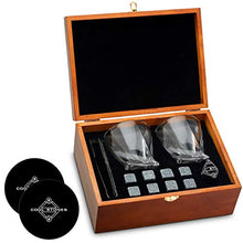 Load image into Gallery viewer, Cool Stones Whiskey Stones Gift Set | 2 Twist Tumbler Glasses | 8 Granite Scotch Rocks with Tongs | Bourbon Glasses with Wooden Gift Box