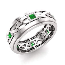 Load image into Gallery viewer, Diamondere Natural and Certified Princess Cut Emerald Wedding Band Ring in 14k White Gold | 0.60 Carat Celtic Knot Ring for Mens, US Size 11.5