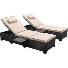 Load image into Gallery viewer, Outdoor PE Wicker Chaise Lounge - 2 Piece Patio Black Rattan Reclining Chair Furniture Set Beach Pool Adjustable Backrest Recliners with Khaki Cushions