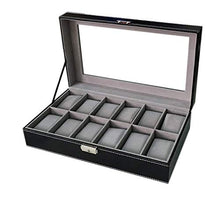 Load image into Gallery viewer, Sodynee WBPU12-03 Watch Dislpay Box Organizer, Pu Leather with Glass Top, Large, Black