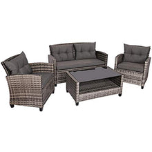 Load image into Gallery viewer, Tangkula 4 PCS Patio Wicker Conversation Furniture Set, Outdoor Rattan Sofa Set with Padded Cushion & Tempered Glass Coffee Table, Wicker Sectional Sofas & Table for Courtyard Balcony Garden (1, Grey)