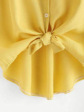 Load image into Gallery viewer, Milumia Women Casual V Neck Collar Knot Hem Button Down Rolled Cuff Short Sleeve Work Blouses Shirt Tops Yellow Small