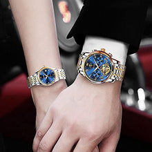 Load image into Gallery viewer, OLEVS Couple Automatic Watches for Men and Women His and Hers Watch Set Gifts Mechanical Self-Winding Tourbillon Big Face Dress Wrist Watch with Day Date Calendar Blue