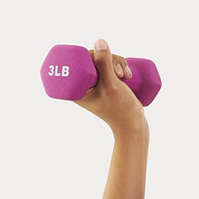 Load image into Gallery viewer, AmazonBasics Neoprene Workout Dumbbell Hand Weights, 20 Pounds Total, Pink/Purple/Green - 3 Pairs (2-Lb, 3-Lb, 5-Lb) & Weight Rack