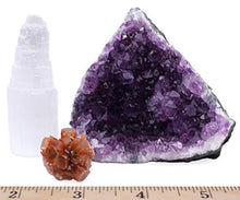 Load image into Gallery viewer, Dancing Bear Amethyst Cluster Cut Base (1/2lb to 1lb), Aragonite Cluster, Selenite Tower, Healing Crystal (3 Pc Set) Premium Grade A, Bohemian Home Décor, Natural Good Vibes, Metaphysical Info Cards