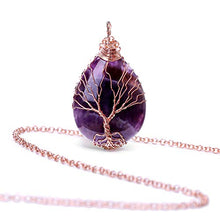 Load image into Gallery viewer, Tree of Life Teardrop Heart Amethyst Crystal Pendant Necklace Copper Wire Wrapped Gemstone Healing Chakra Necklace Choker Mothers Day Gifts 18"