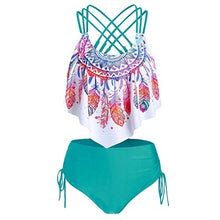 Load image into Gallery viewer, Youmymine Women Strappy Padded Swim Top Overlay Flounce Crisscross Tankini Feather Print Swimsuits (XXL, Green-A)