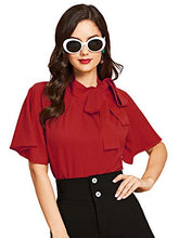 Load image into Gallery viewer, SheIn Women's Casual Side Bow Tie Neck Short Sleeve Blouse Shirt Top Medium Red