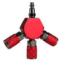 Load image into Gallery viewer, Hromee 3-Way Air Manifold 4 Ports Aluminum Industrial Flat Hex Quick Connect Air Hose Splitter with 3 Steel Couplers and 1/4" Male NPT Plug