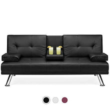 Load image into Gallery viewer, Best Choice Products Modern Faux Leather Convertible Futon Sofa w/Removable Armrests, Metal Legs, 2 Cupholders - Black