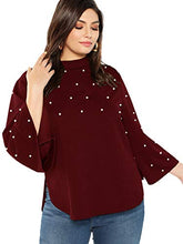 Load image into Gallery viewer, Romwe Women's Plus Elegant Pearls Beaded Long Sleeve Blouse Top Burgundy 0XL