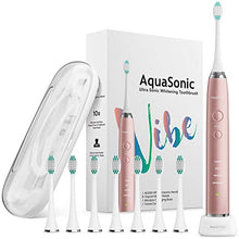 Load image into Gallery viewer, AquaSonic VIBE Series Ultra Whitening Pink Electric Toothbrush - 8 DuPont Brush Heads & Travel Case Included - Sonic 40,000 VPM Motor & Wireless Charging - 4 Modes w Smart Timer - Satin Rose Gold