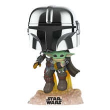 Load image into Gallery viewer, POP Funko Star Wars: Across The Galaxy - The Mandalorian Holding Grogu with Pin, Chrome Finish, Amazon Exclusive, (55496)