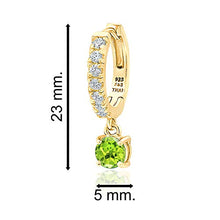 Load image into Gallery viewer, Yellow Gold Flashed Sterling Silver 5mm Peridot & White CZ Dangle Huggie Hoop Earrings for Women Teen Girls, 15mm Diameter