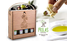 Load image into Gallery viewer, Pellas Nature, Organic Herbs Infused Greek Extra Virgin Olive Oil Set, Finishing Oil Flavors Basil Garlic, Red Pepper, Rosemary, Wooden Combo Set, All-Natural, No-Additives, 4 X 50 ml (1.7 oz.) Bottles