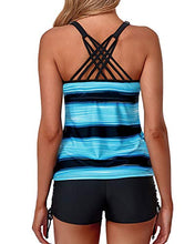 Load image into Gallery viewer, Yonique Womens Tankini Swimsuits Athletic Two Piece Tummy Control Bathing Suits with Shorts Modest Tank Tops Gradient Blue Stripe L