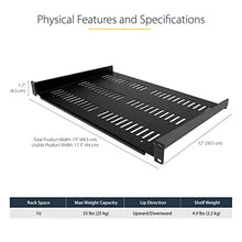 Load image into Gallery viewer, 1U Server Rack Shelf - Universal Vented Rack Mount Cantilever Tray for 19" Network Equipment Rack & Cabinet - Heavy Duty Steel – Weight Capacity 44lb/20kg - 12" Deep Shelf, Black (SHELF-1U-12-FIXED-V)