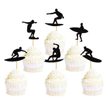Load image into Gallery viewer, Ercadio 24 Pack Surfing Cupcake Toppers Black Glitter Surfboard Sport Cupcake Picks Surf Theme Baby Shower Kids Birthday Party Cake Decorations Supplies