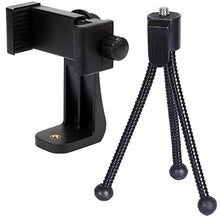 Load image into Gallery viewer, Alphx Universal Smartphone Tripod Cell Phone Holder Mount Adapter Set, Fits iPhone, Samsung, and All Phones, Rotates Vertical and Horizontal with Adjustable Clamp, Includes Mini Tripod