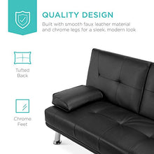 Load image into Gallery viewer, Best Choice Products Modern Faux Leather Convertible Futon Sofa w/Removable Armrests, Metal Legs, 2 Cupholders - Black