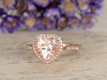 Load image into Gallery viewer, 8mm Heart Shaped Cut Natural Morganite Engagement Ring Solid 14k Rose Gold Pink Gemstone Diamond Halo Vintage Wedding Ring Half Eternity Antique Band Bridal Ring Anniversary Gift Birthstone for Her