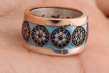 Load image into Gallery viewer, Nazar ! Turkish Handmade Blue Turquoise Color Enamel Evil Eye Sapphire Topaz Sterling Silver Ring All Sizes Available