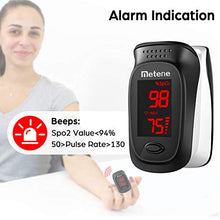 Load image into Gallery viewer, Metene Fingertip Pulse Oximeter, Blood Oxygen Saturation Monitor with Alarming Beep, Portable SpO2 Meter with Batteries and Lanyard