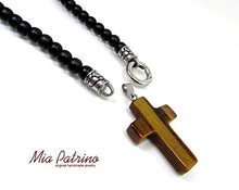 Load image into Gallery viewer, Mens Onyx Necklace,Mens Necklace,Tiger Eye Necklace,Cross Necklace,Mens Gemstone Necklace,316L Stainless Steel,Mens Beaded Necklace,Gift Box