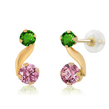 Load image into Gallery viewer, Gem Stone King 0.78 Ct Pink Lab Grown Diamond Green Simulated Tsavorite 14K Yellow Gold Earrings