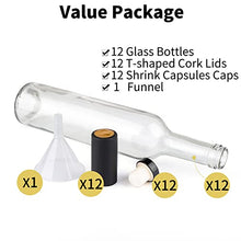 Load image into Gallery viewer, GUANENA 12 Pack 16oz Clear Glass Bottles with Cork Lids and PVC Shrink Capsules, 500 ml Empty Home Brewing Wine Bottles with Funnel for Sparkling Wine, Juice, Kombucha, Beverages