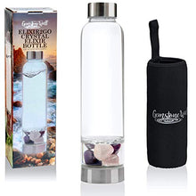 Load image into Gallery viewer, Crystal Water Bottle Elixir Set | Includes Authentic Amethyst & Clear Quartz Crystals And Healing Stones | Black Neoprene Sleeve | Drink Gem Infused Water On The Go
